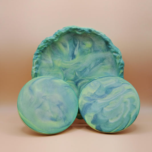 Biscuit Plate with Two Coasters - Green Marbled