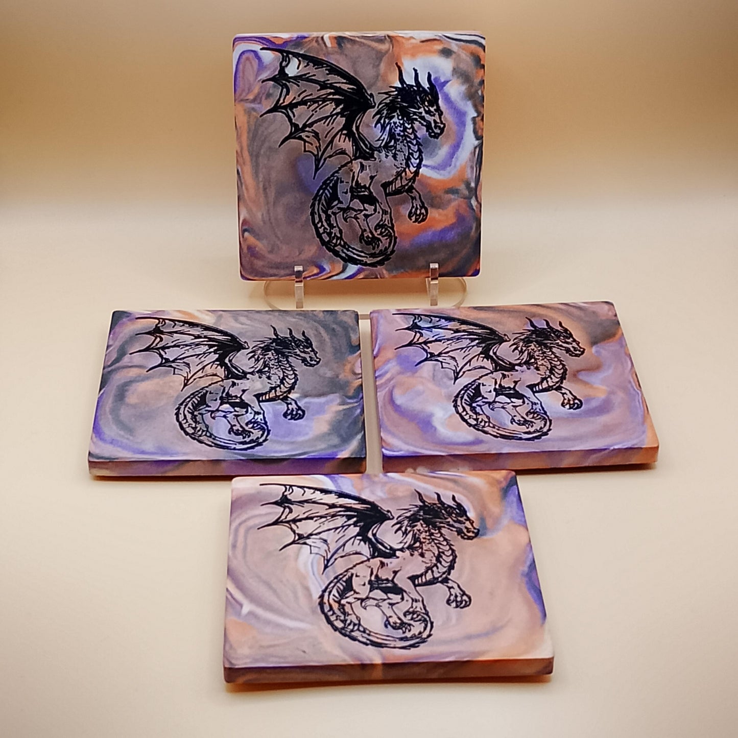 Set of Four Dragon Coasters with Stand