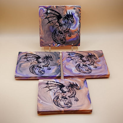 Set of Four Dragon Coasters with Stand