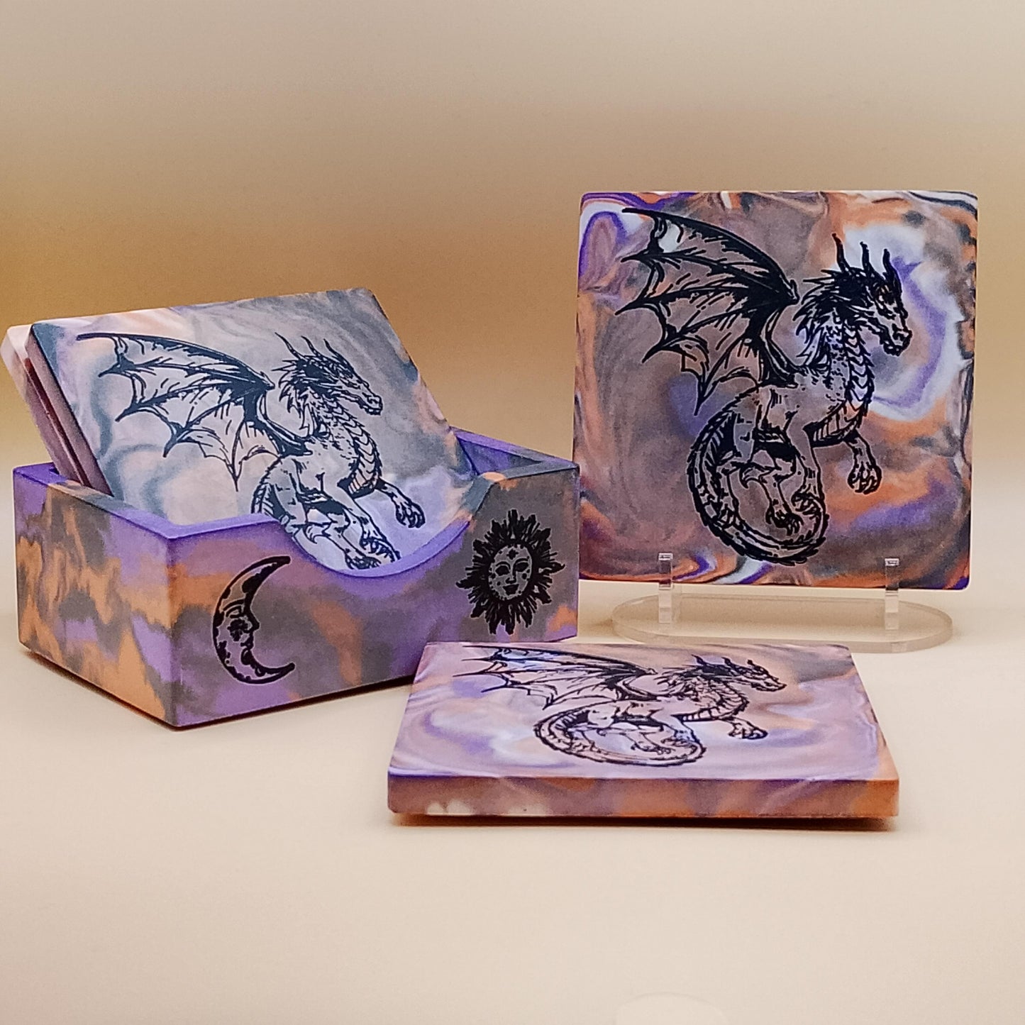 Set of Four Dragon Coasters with Stand
