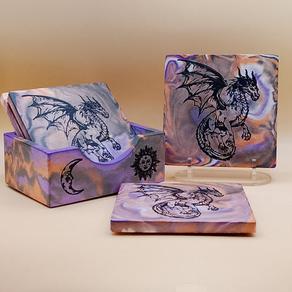 Set of Four Dragon Coasters with Stand