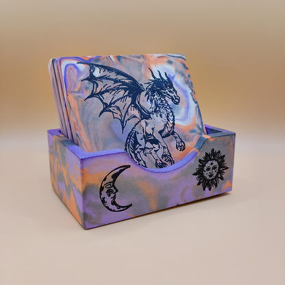 Set of Four Dragon Coasters with Stand