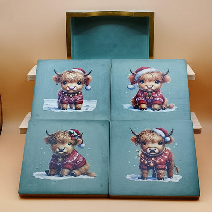 Christmas Highland Cow Coaster Set