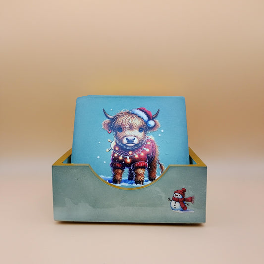 Christmas Highland Cow Coaster Set