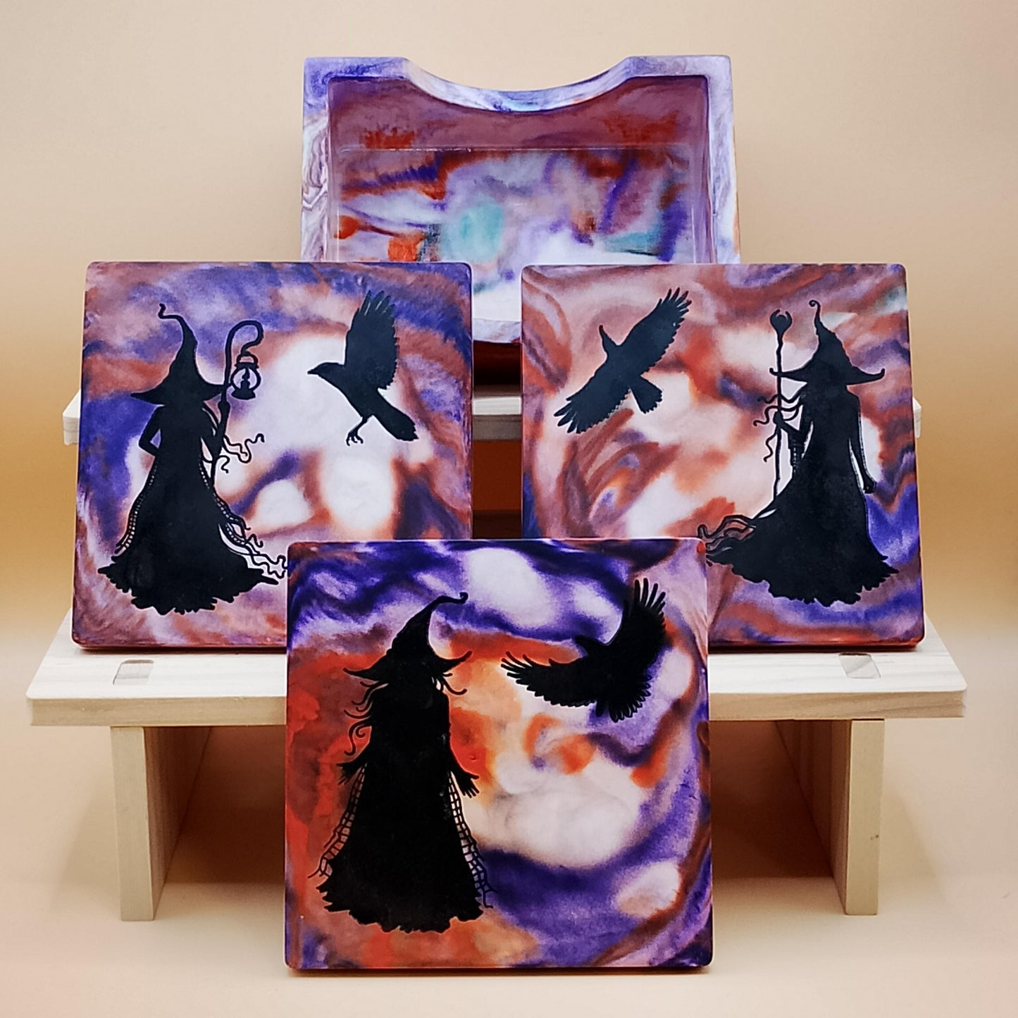 Set of 3 Witch coasters with stand