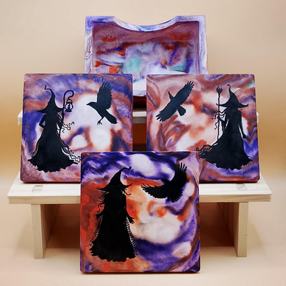 Set of 3 Witch coasters with stand