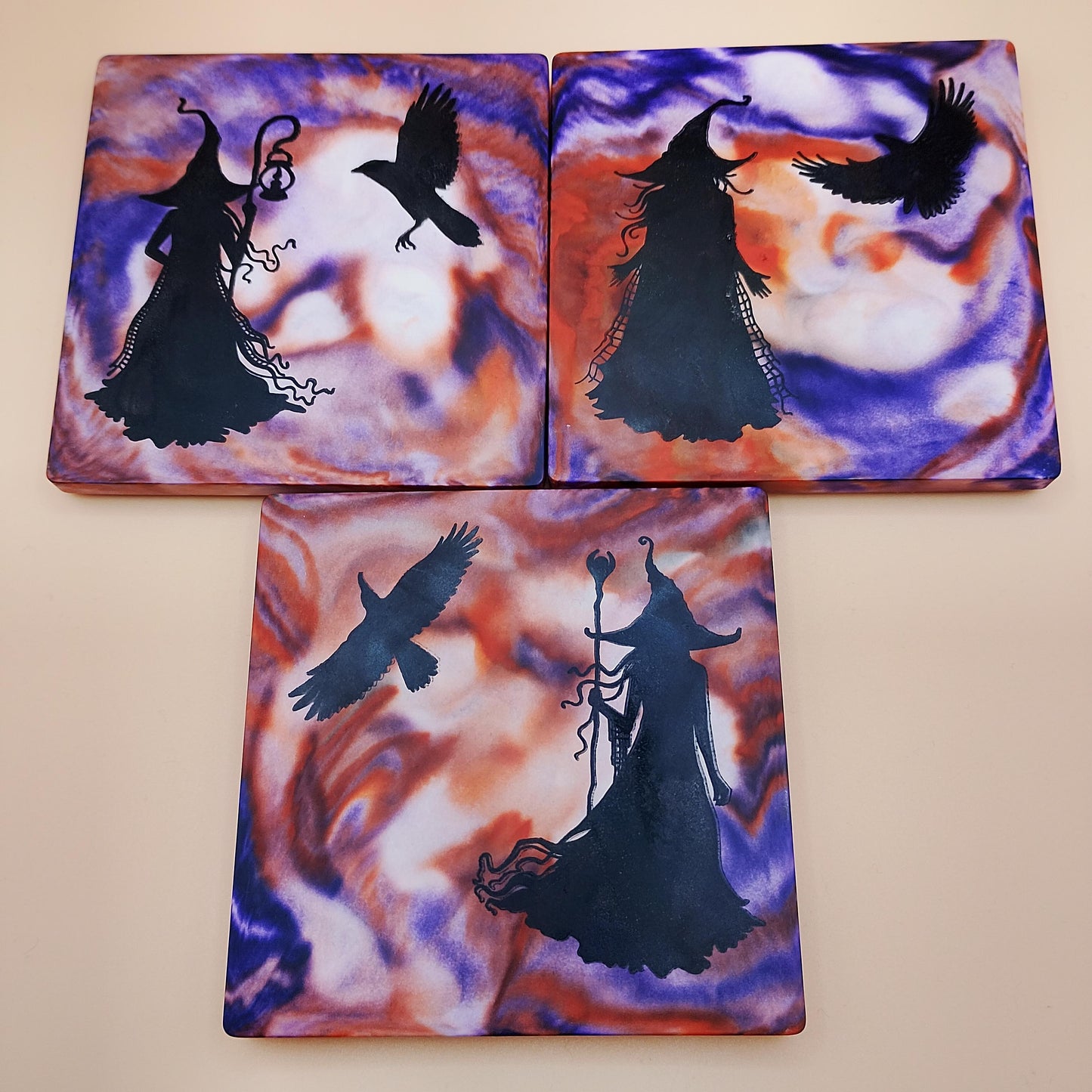 Set of 3 Witch coasters with stand